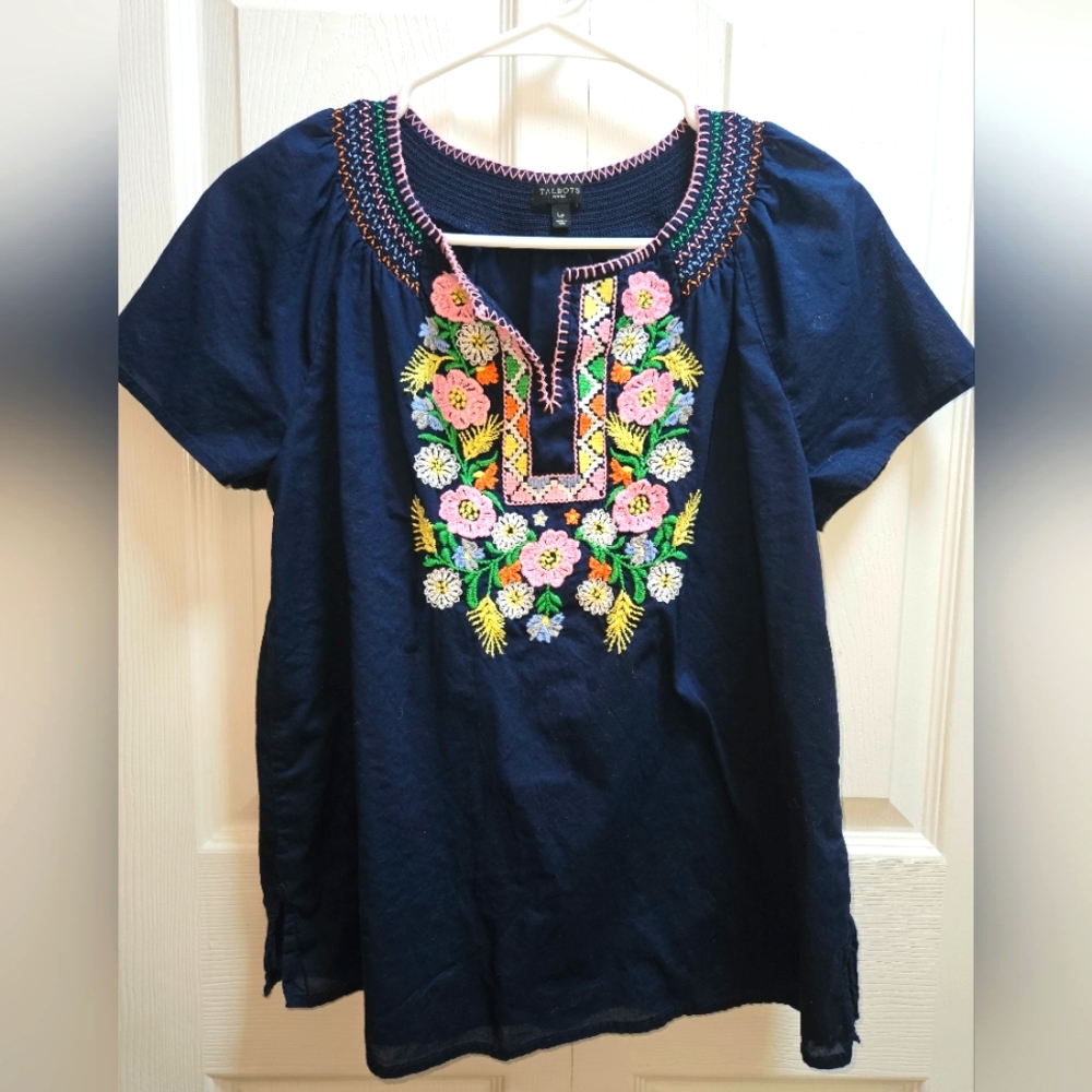 Talbots Women's Navy Floral Embroidered Blouse Size Large Petite